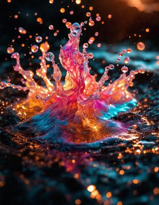 The primary subject of the image is a colorful, swirling, and bubbling liquid, possibly a mix of water and paint, creating a vibrant and dynamic scene. The setting is a dark background, which contrasts with the bright colors of the liquid. The visual style appears to be a combination of a photo and digital art, as the colors and swirls are both realistic and artistic. The dominant colors are pink, blue, and orange, creating a lively and energetic atmosphere.